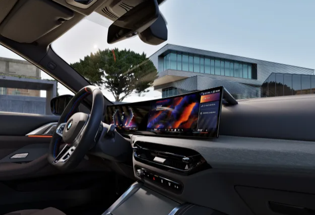 "Smartphone integration display showing seamless connectivity with navigation, music controls, and app access on a car's touchscreen interface."